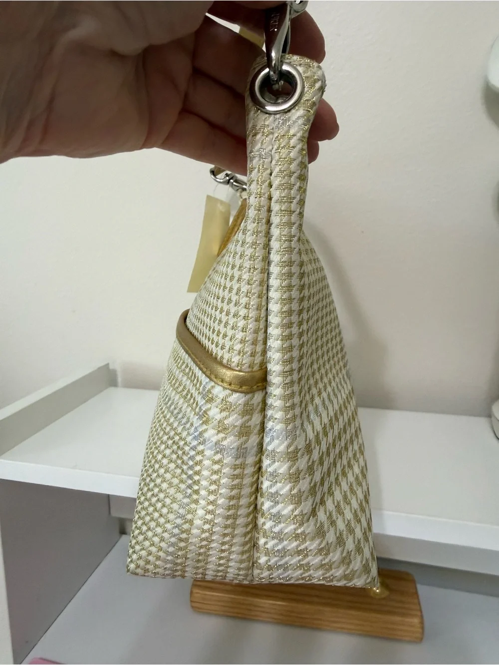 Vintage Ralph Lauren  Cream and gold Houndstooth Shoulder Bag with Gold Trim.